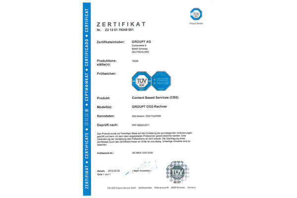 Zertifizierung des GROUP7 CO2-Rechners